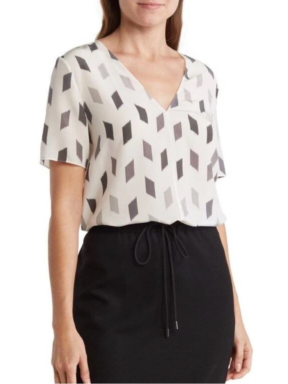 Theory White Gray Brush Silk Top Blouse Short Sleeve Diamond Print